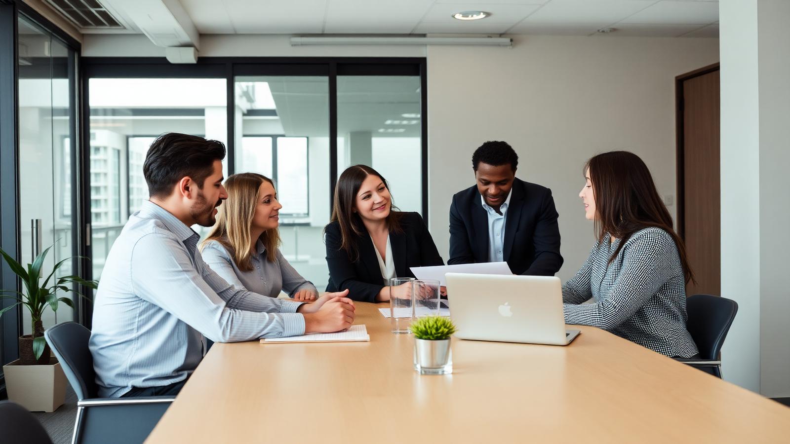 A professional team collaborating in a modern office