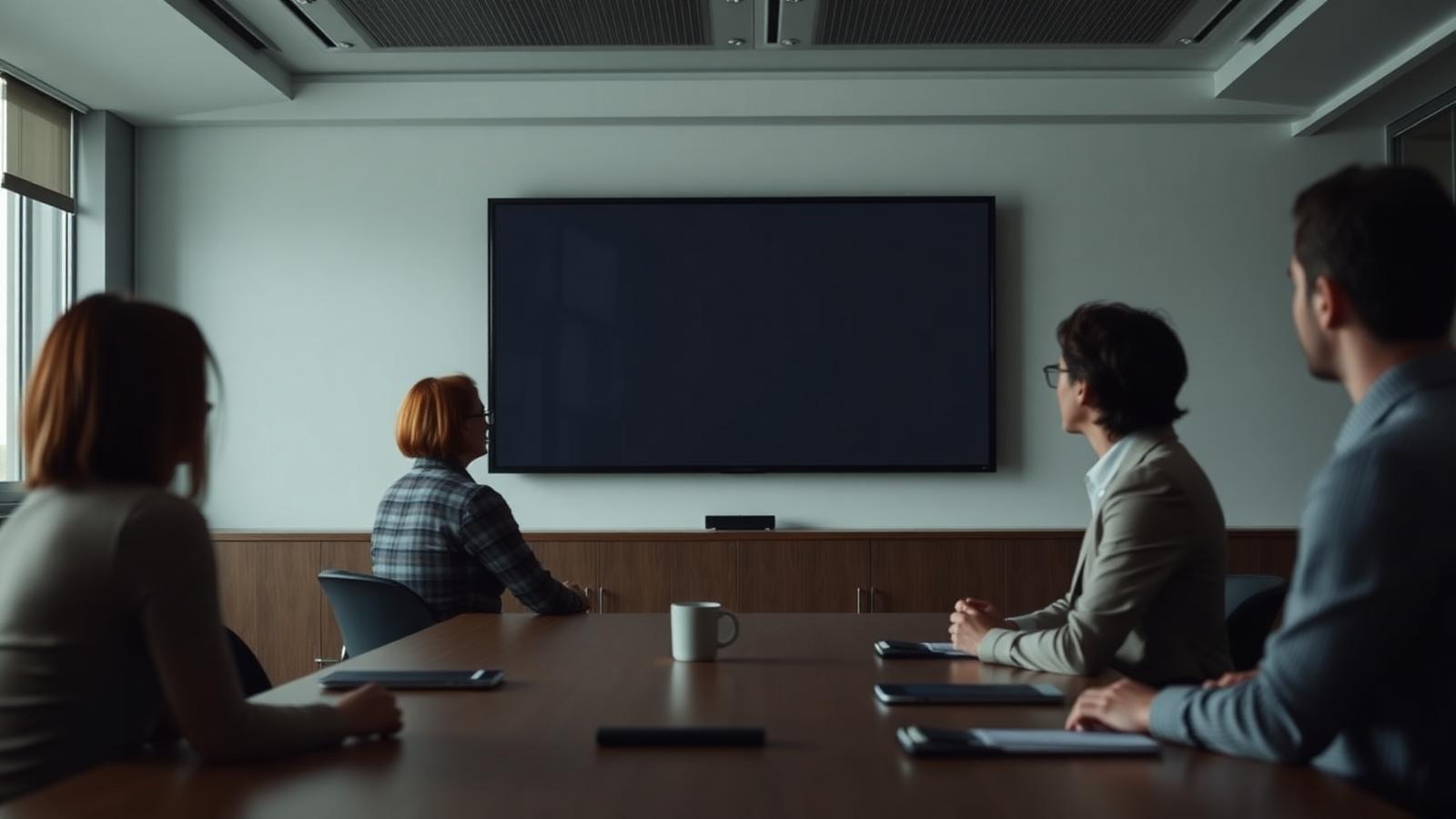 A professional presenting on a screen in a modern boardroom