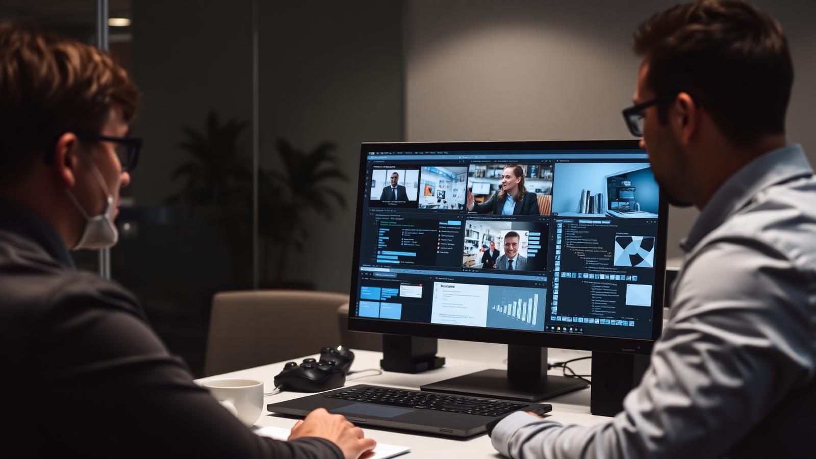 Colleagues reviewing multiple business applications on a screen in an office