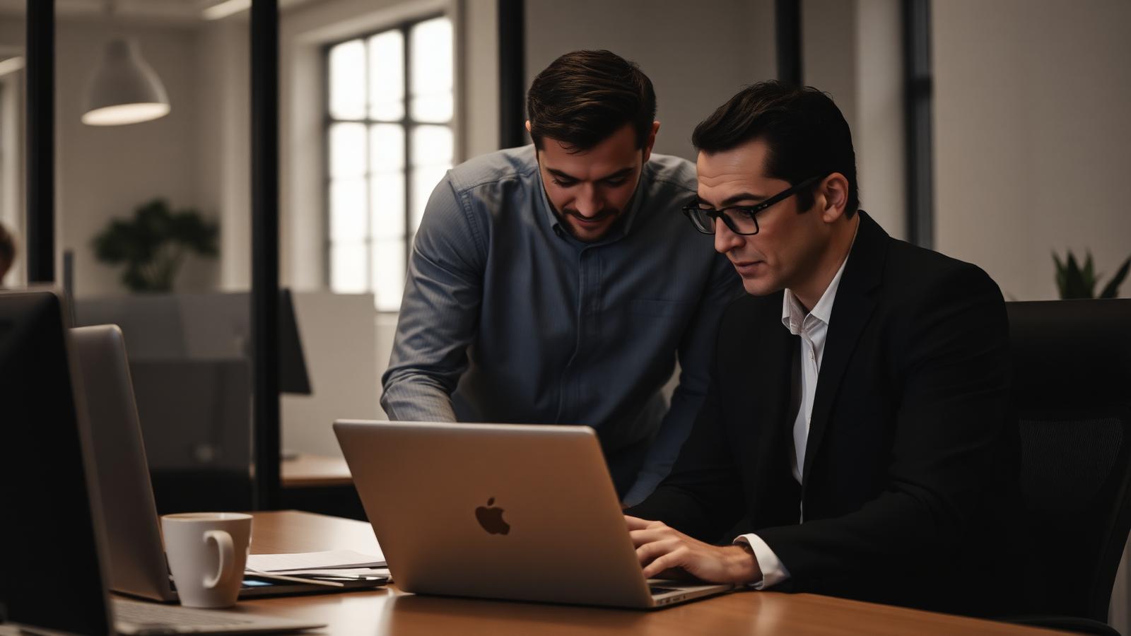 Two colleagues in conversation reviewing something on a laptop in an office