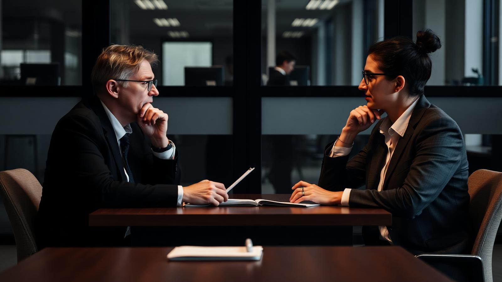 Two colleagues in a thoughtful discussion across a meeting table