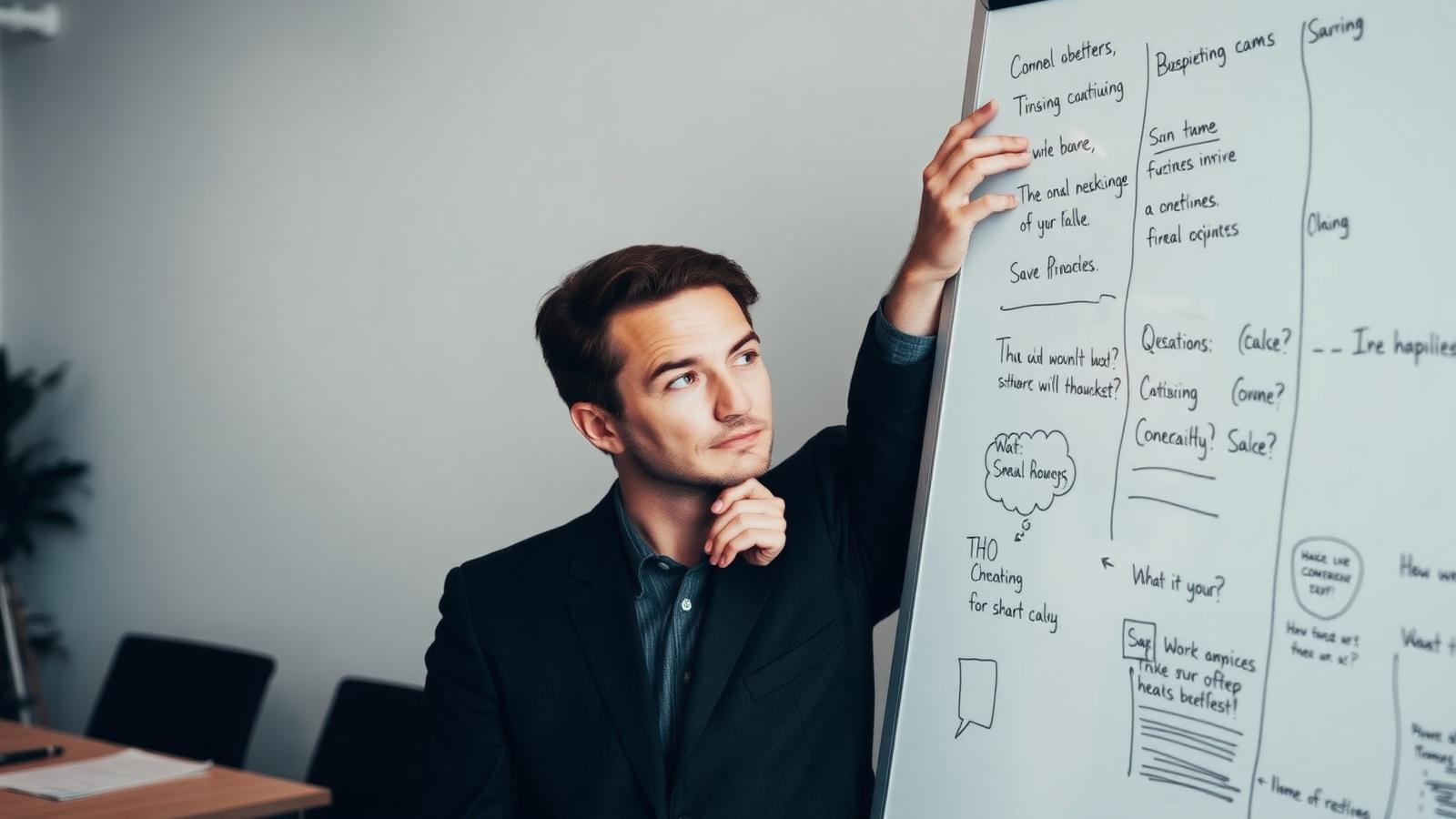 A professional reflecting in front of a whiteboard covered in questions and diagrams