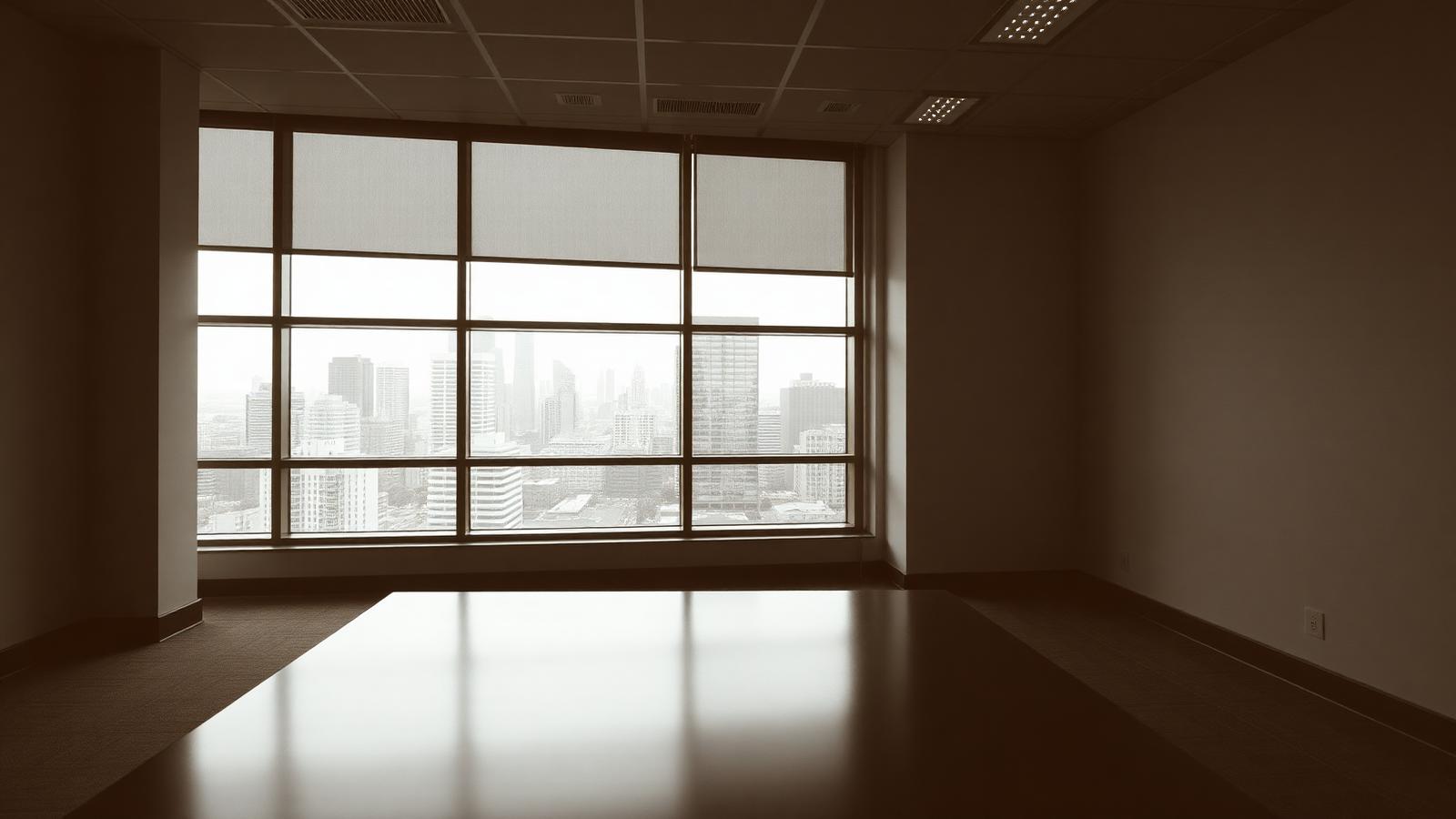 A quiet office interior with a wide window view over a city