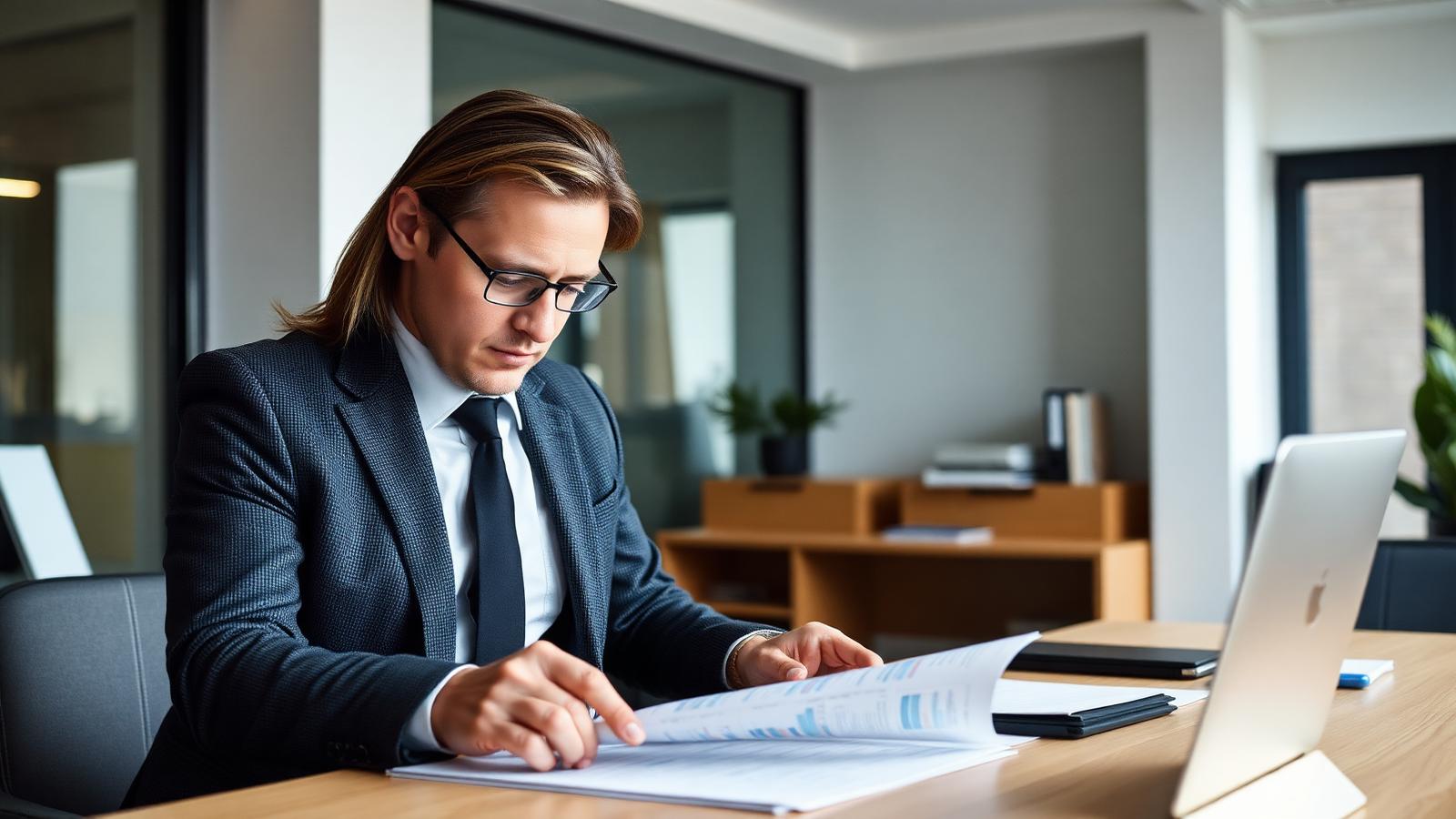 A professional closely reviewing a spreadsheet at an office desk
