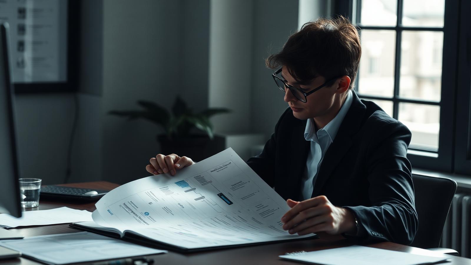 A professional closely examining a printed process diagram at an office desk