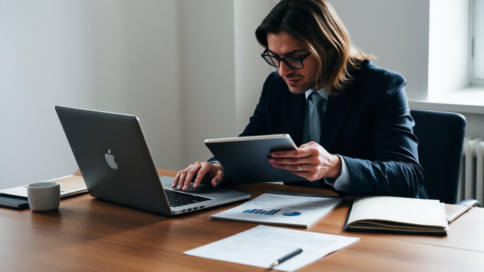 A business professional comparing information on a laptop and tablet